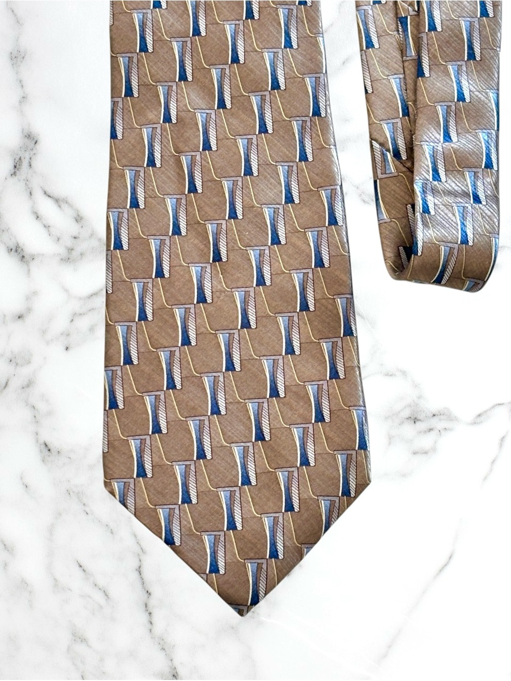 Palatina Men’s Silk Necktie Geometric Abstract Pattern Brown Blue Dark Academia
